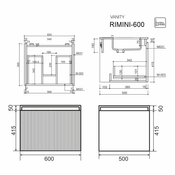 Belbagno Rimini Wall Hung Bathroom Vanity Potter's Clay