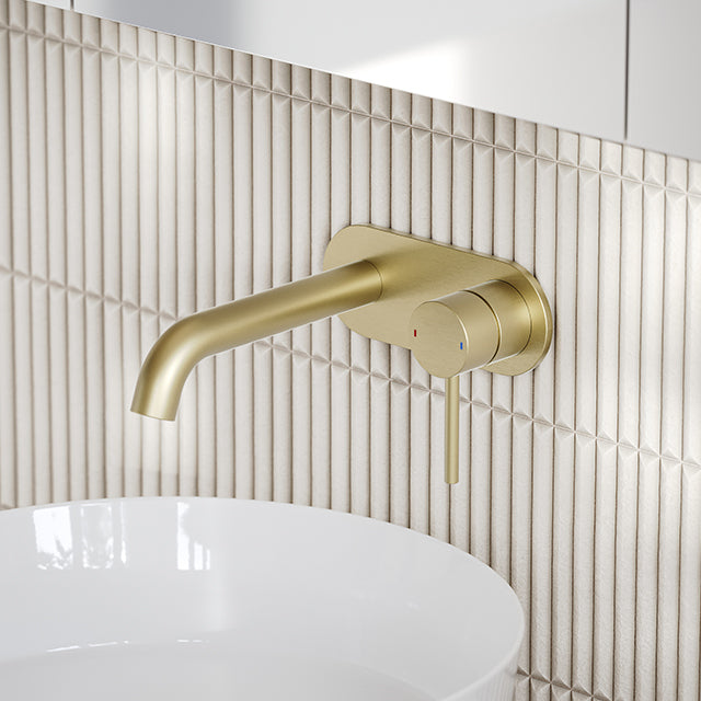 Caroma Liano II Low Lead Wall Basin/Bath Mixer Plate Set Brushed Brass