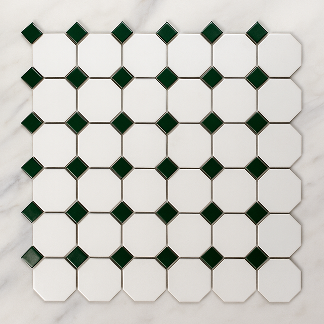 St Kilda Matt White Octagon with Green Dot Porcelain Period Mosaic Tile 97x97mm