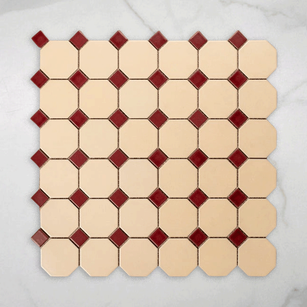 St Kilda Matt Cream Octagon with Burgundy Dot Porcelain Period Mosaic Tile 97x97mm online at The Blue Space