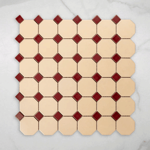 St Kilda Matt Cream Octagon with Burgundy Dot Porcelain Period Mosaic Tile 97x97mm