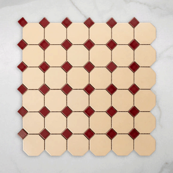 St Kilda Matt Cream Octagon with Burgundy Dot Porcelain Period Mosaic Tile 97x97mm