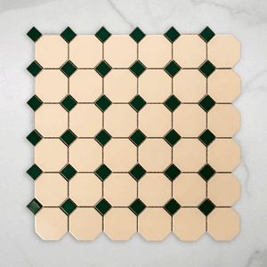 St Kilda Matt Cream Octagon with Green Dot Porcelain Period Mosaic Tile 97x97mm