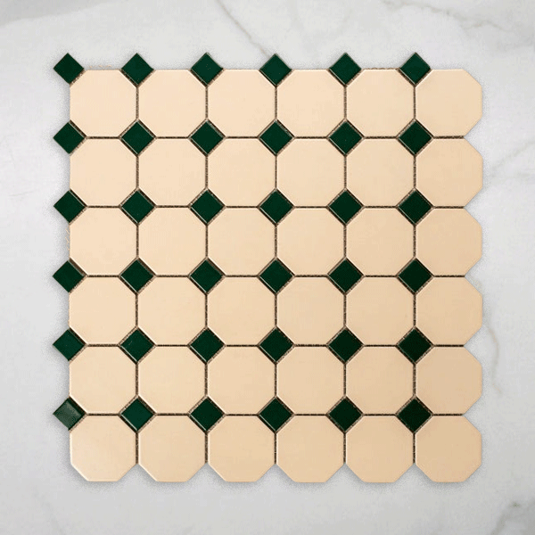 St Kilda Matt Cream Octagon with Green Dot Porcelain Period Mosaic Tile 97x97mm