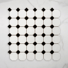 St Kilda Matt White Octagon with Black Dot Porcelain Period Mosaic Tile 97x97mm online at The Blue Space