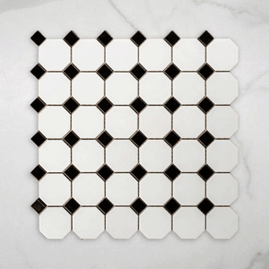 St Kilda Gloss White Octagon with Black Dot Porcelain Period Mosaic Tile 97x97mm