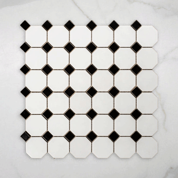 St Kilda Gloss White Octagon with Black Dot Porcelain Period Mosaic Tile 97x97mm