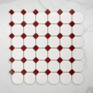 St Kilda Matt White Octagon with Burgundy Dot Porcelain Period Mosaic Tile 97x97mm online at The Blue Space