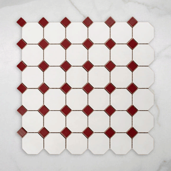 St Kilda Matt White Octagon with Burgundy Dot Porcelain Period Mosaic Tile 97x97mm