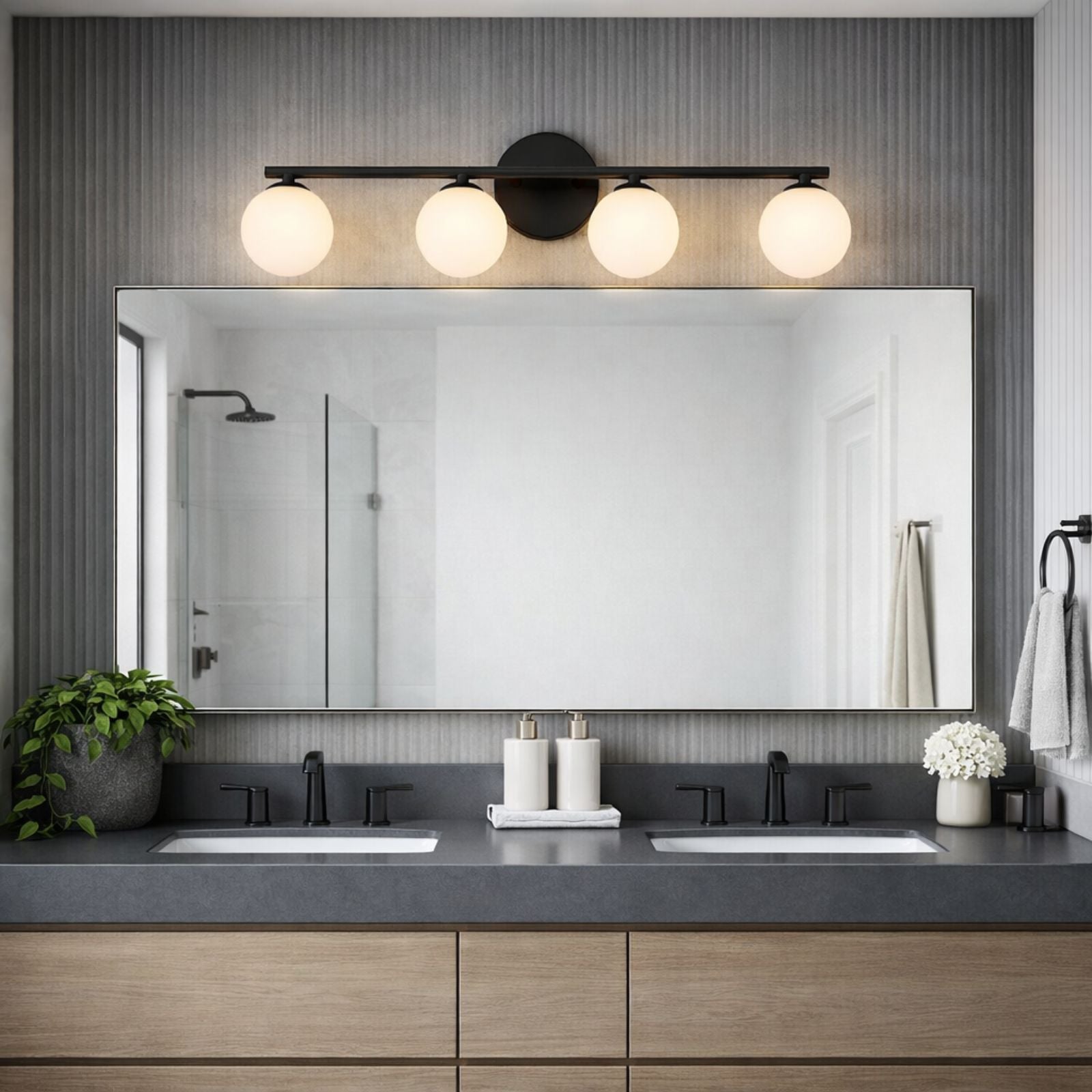 Telbix Moran 4 Wall Light in Black featured in modern, textural bathroom - The Blue Space