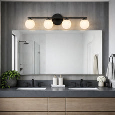 Telbix Moran 4 Wall Light in Black featured in modern, textural bathroom - The Blue Space