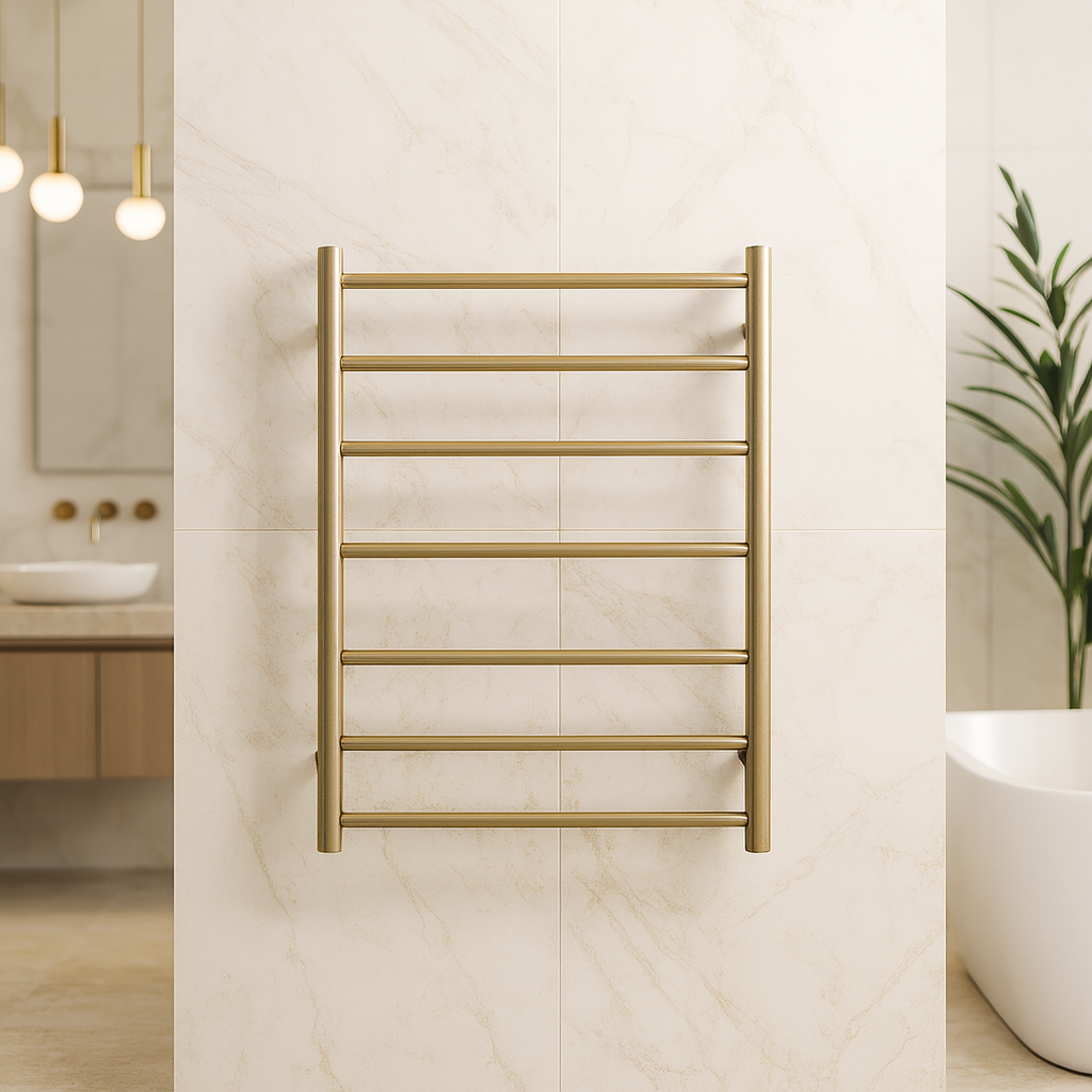 Thermogroup 7 Bar Heated Towel Ladder Brushed Brass 600mm in resort style bathroom