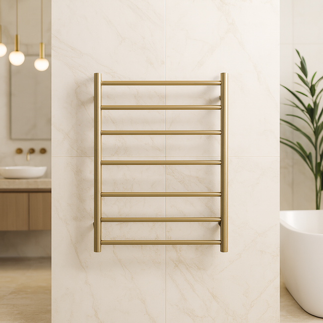 Thermogroup 7 Bar Heated Towel Ladder Brushed Brass 600mm in resort style bathroom