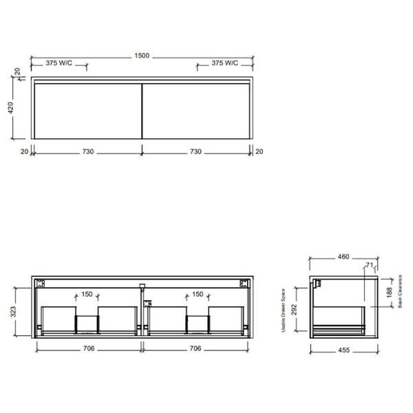 Timberline Ainsworth 1500mm Double Wall Hung Vanity - Line Drawing - The Blue Space