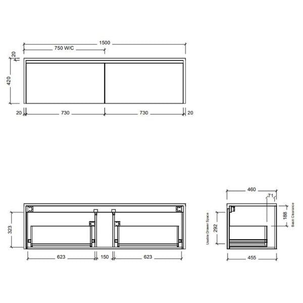 Timberline Ainsworth 1500mm Wall Hung Vanity - Line Drawing - The Blue Space