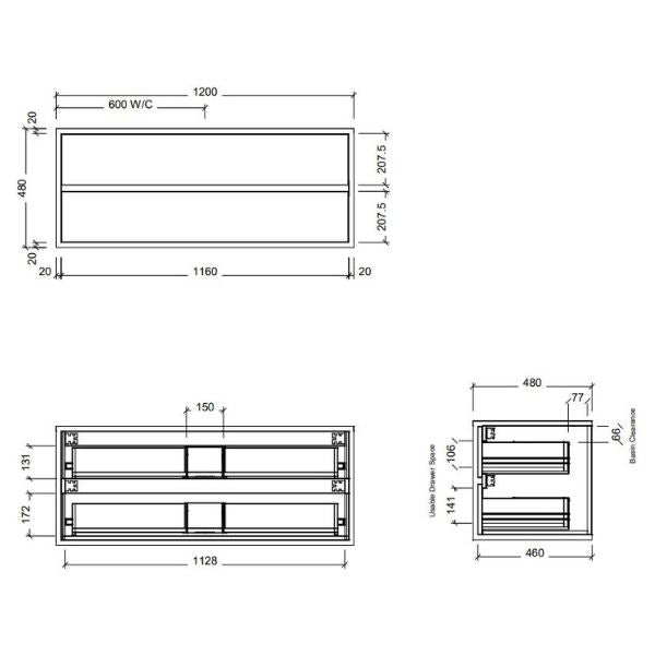 Timberline Embrace 1200mm Wall Hung Vanity Line Drawing - The Blue Space