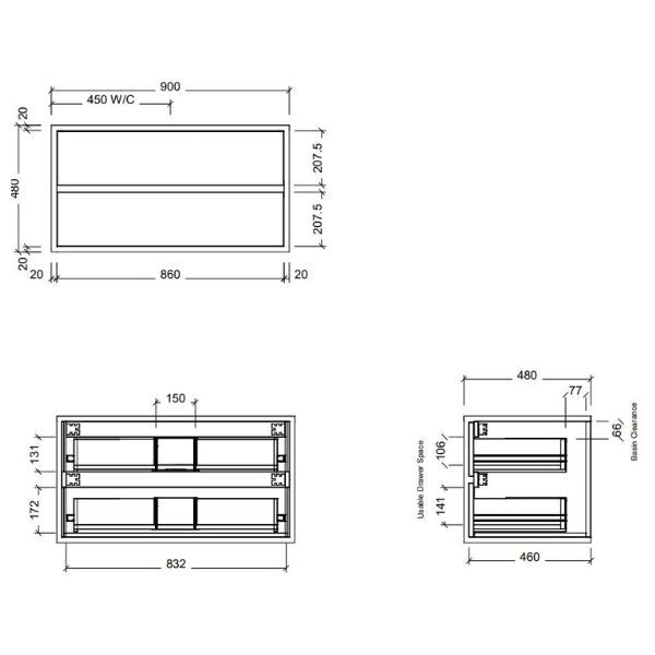 Timberline Embrace 900mm Wall Hung Vanity Line Drawing - The Blue Space