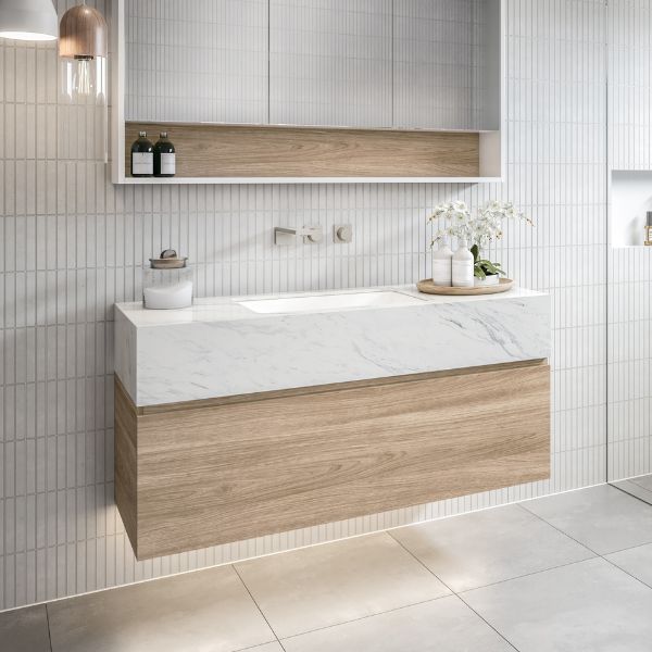 Timberline Kingsley 1200mm Wall Hung Basin with 200mm Silksurface Box Top and Under Counter Basin in Classic Oak with Bianco Pearl Top - The Blue Space