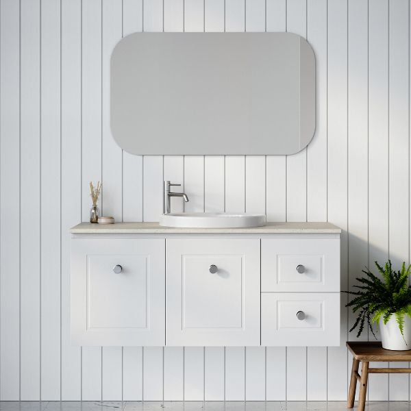 Timberline Nevada Classic 1200mm Wall Hung Vanity with White Satin finish and Morning Mist SilkSurface Top with White Gloss Coast Inset Mineral Composite Basin - The Blue Space