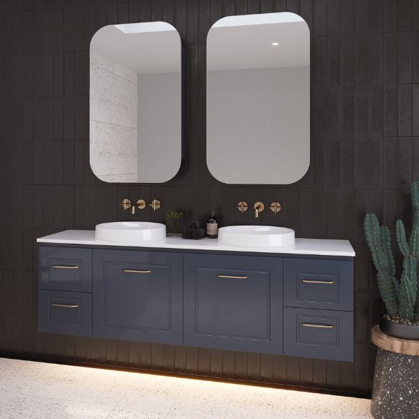 Timberline Nevada Classic 1800mm Double Wall Hung Vanity with Navy Blue Satin finish and White Crystal Boulder SilkSurface Top with White Gloss Radius Inset Ceramic Basin - The Blue Space