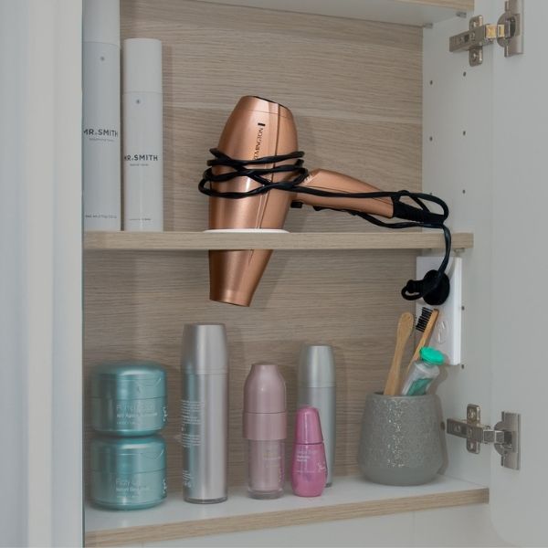 Sutherland House Collection Shaving Cabinet interior with optional Storage Queen Hair Dryer Storage & Power Point (Sold Separately)