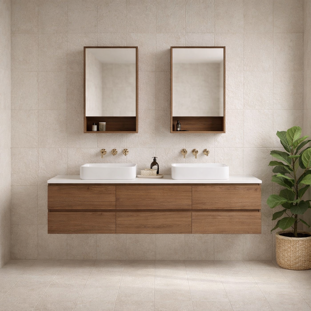 Timberline Ashton Wall Hung Vanity with Silk Surface Top & Basin in byron bay coastal inspired bathroom design