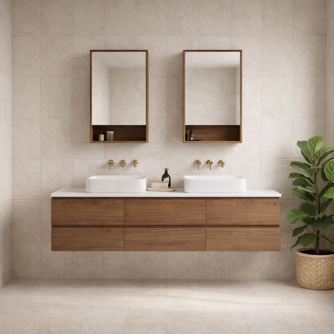 Timberline Ashton Wall Hung Vanity with Silk Surface Top & Basin in byron bay coastal inspired bathroom design