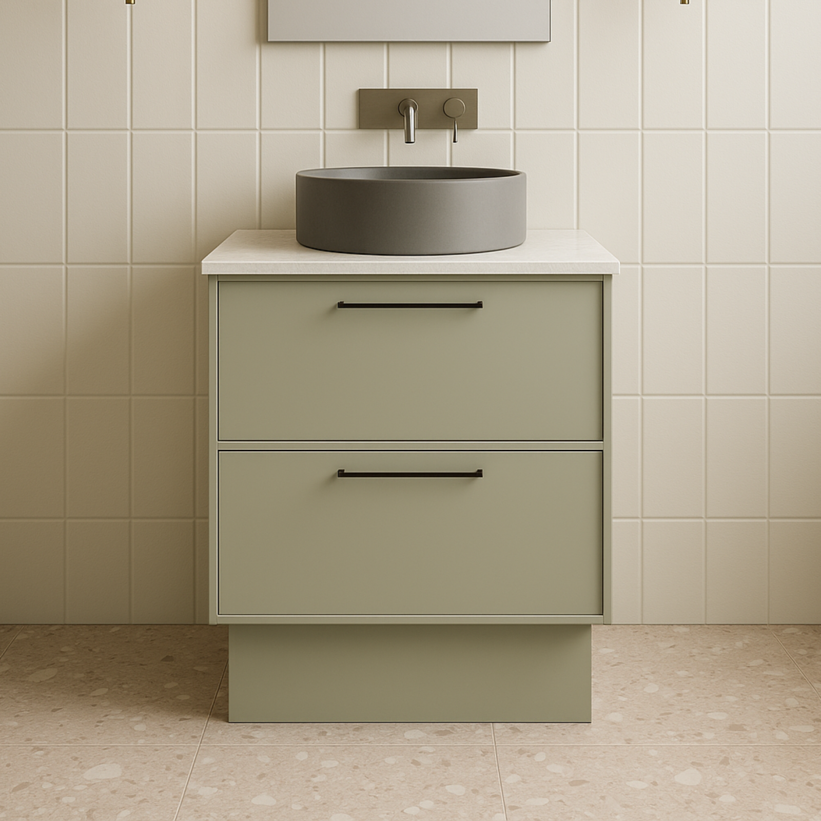Timberline Henley Kent Floor Standing Vanity with Above Counter Basin. Green vanity with grey basin and brushed nickel tapware