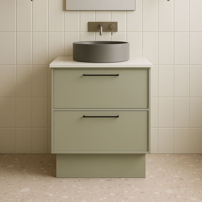 Timberline Henley Kent Floor Standing Vanity with Above Counter Basin. Green vanity with grey basin and brushed nickel tapware