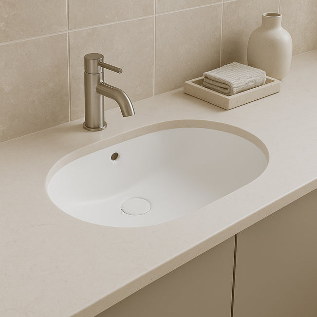 Lifestyle 2 Turner Hastings Narva 57x 39 Undercounter Pill Basin - Matte White NA573UPB-MW - The Blue Space