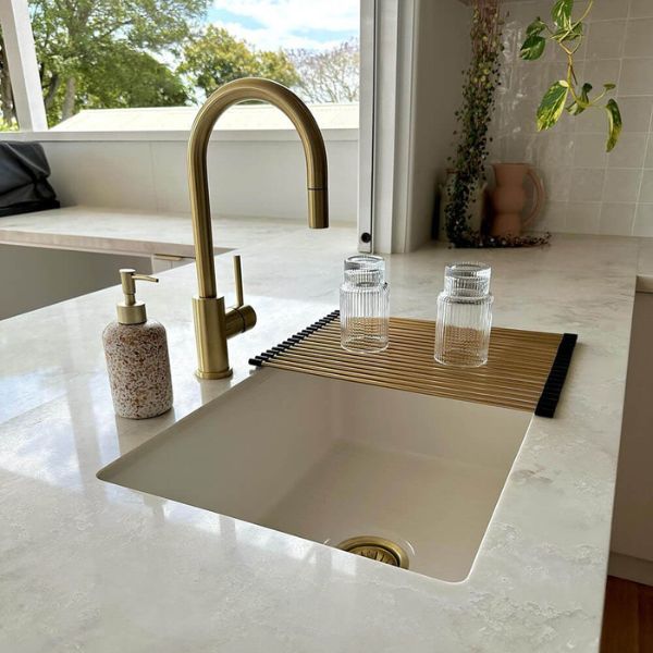 Turner Hastings Roll Up Sink Drainer in Brushed Brass in Coastal Kitchen. RM4332-BB at The Blue Space