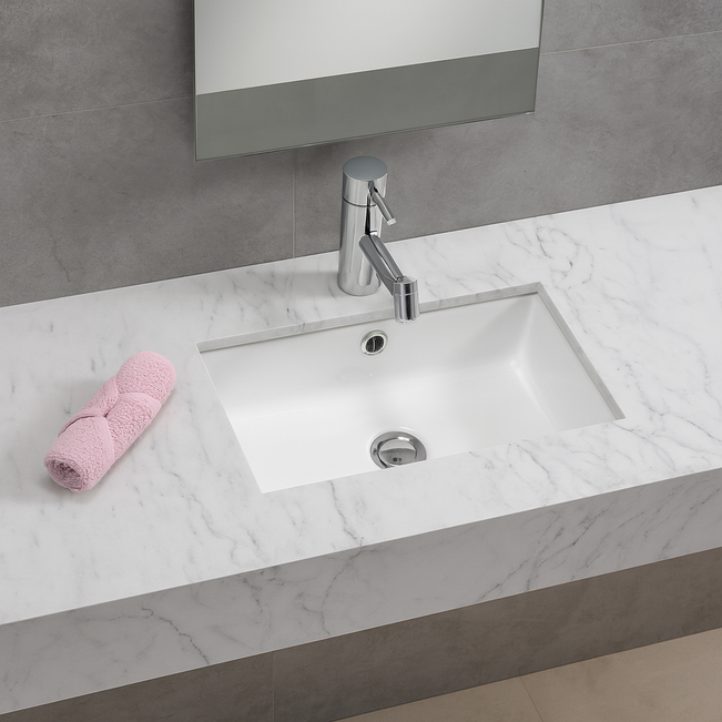 Turner Hastings Mini Agres 44 x 26 Under Counter Basin with carrera benchtop