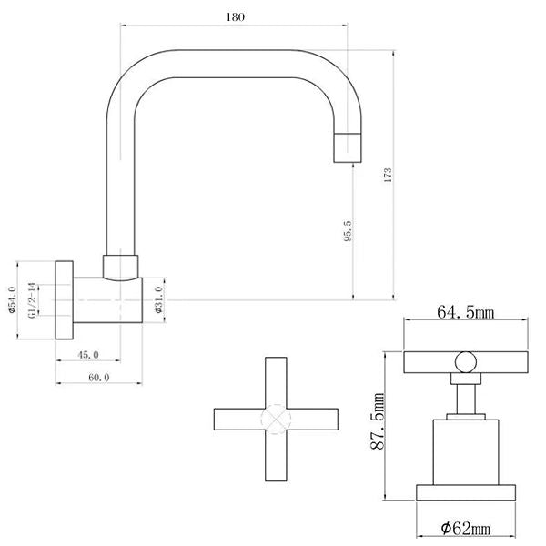 Technical Drawing - Indigo Elite X Wall Sink Set Matte Black US5006MB
