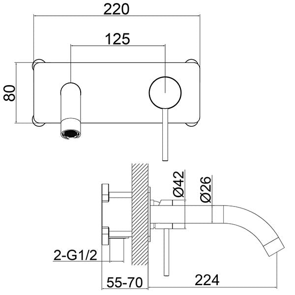 Technical Drawing - Indigo Alisa Wall Basin/Bath Mixer 220mm Chrome