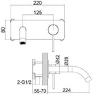 Technical Drawing - Indigo Alisa Wall Basin/Bath Mixer 220mm Matte Black