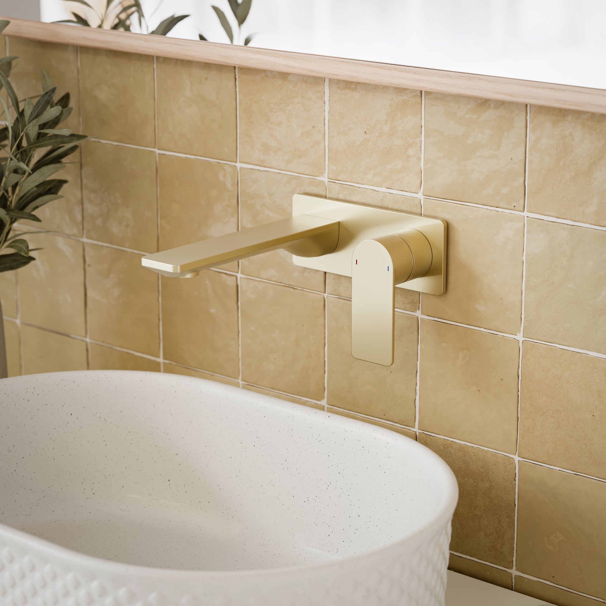 Caroma Urbane II 180mm Lead Free Wall Basin/Bath Mixer Rectangle Brushed Brass