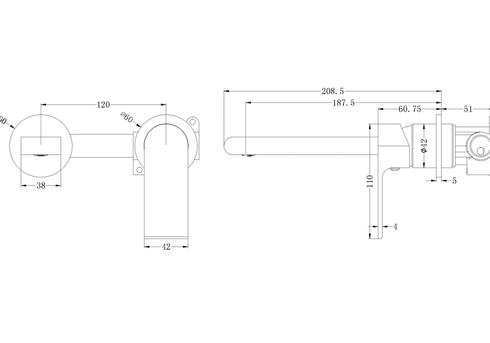 Technical Drawing: Nero Bianca Wall Basin Mixer Separate Back Plate Brushed Nickel