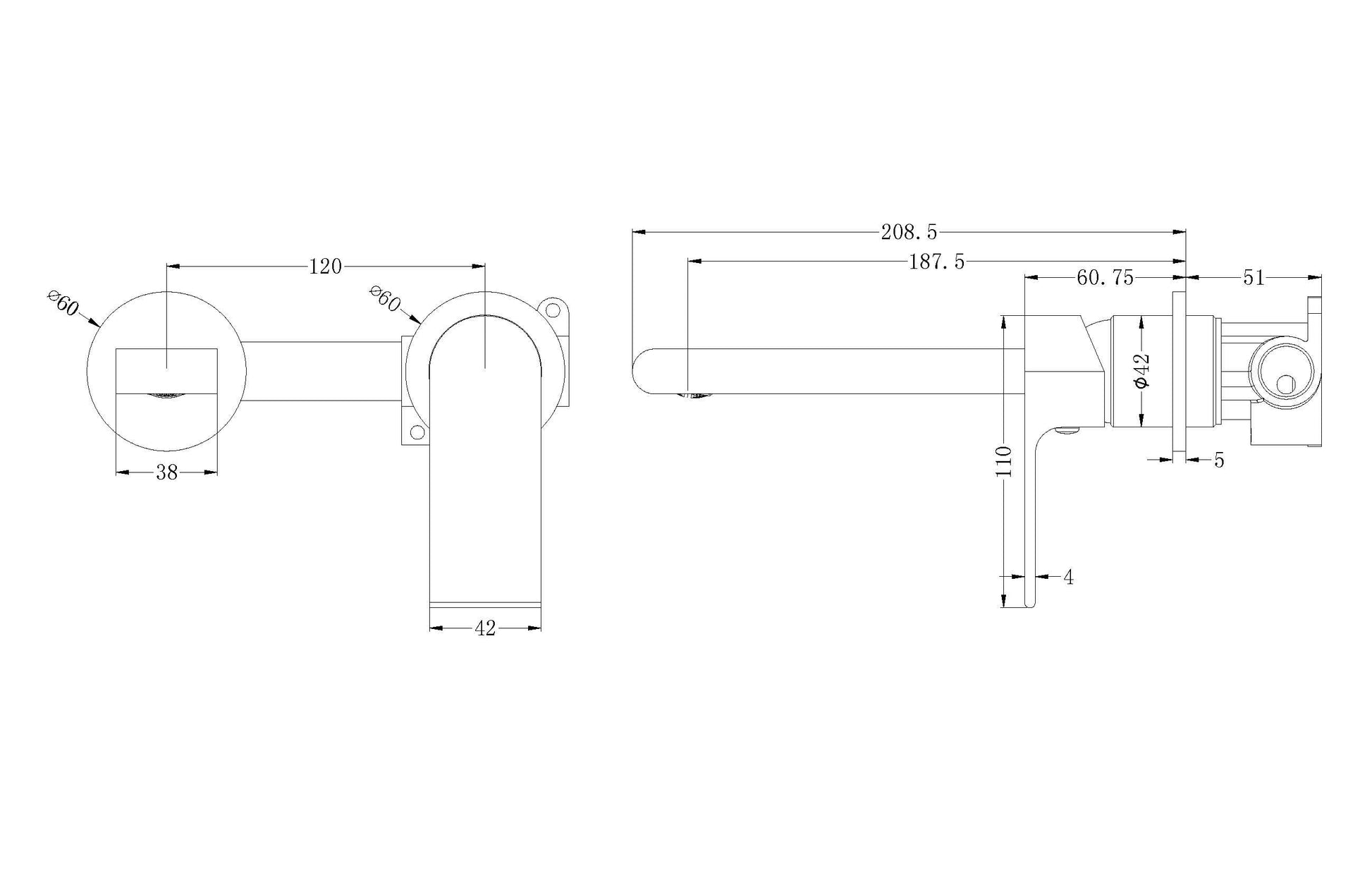 Technical Drawing: Nero Bianca Wall Basin Mixer Separate Back Plate Gun Metal Grey