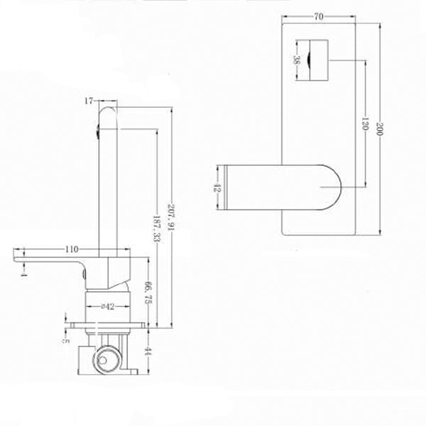 Technical Drawing - Nero Vitra Wall Basin Mixer - Brushed Nickel
