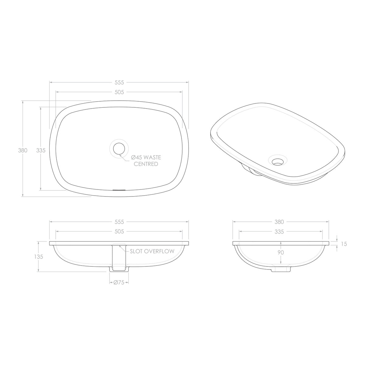 Technical Drawing ADP Carrie 555 x 380 Under Counter Basin - Gloss White TOPCCAR5538GW - The Blue Space