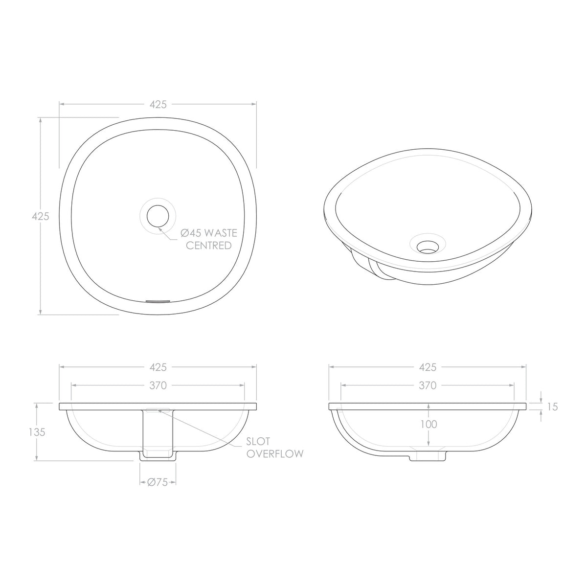 Technical Drawing ADP Charlotte 425 x 425 Under Counter Basin - Gloss White TOPCCHA4242GW - The Blue Space