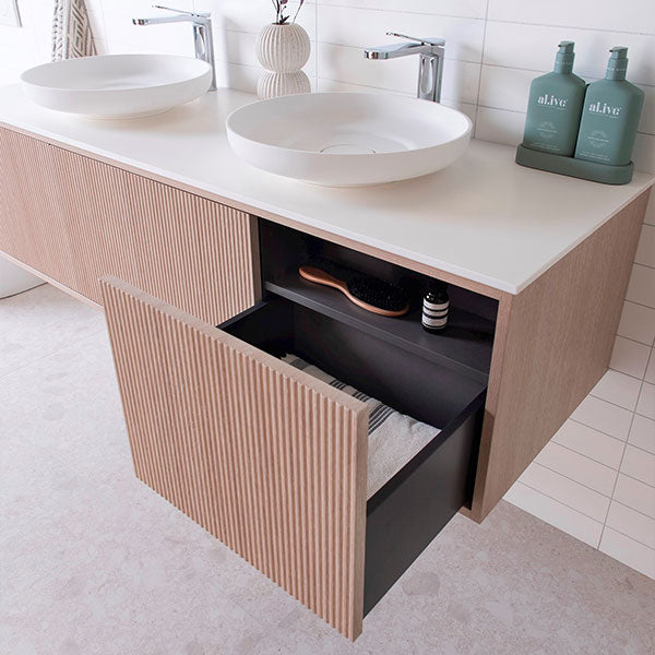 ADP Clifton 1500 Double Bowl Wall hung Vanity, Coastal Oak woodgrain cabinet finish, 12mm Bright White Cherry Pie, Margot above-counter basins  - The Blue Space