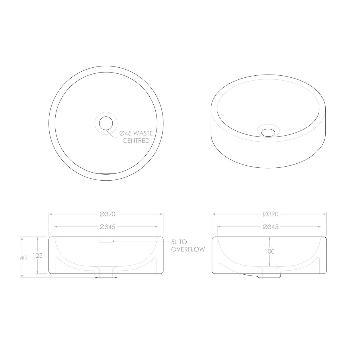 Technical Drawing ADP Gerroa 390 Above Counter Basin - Matte White TOPCGER3939MW - The Blue Space