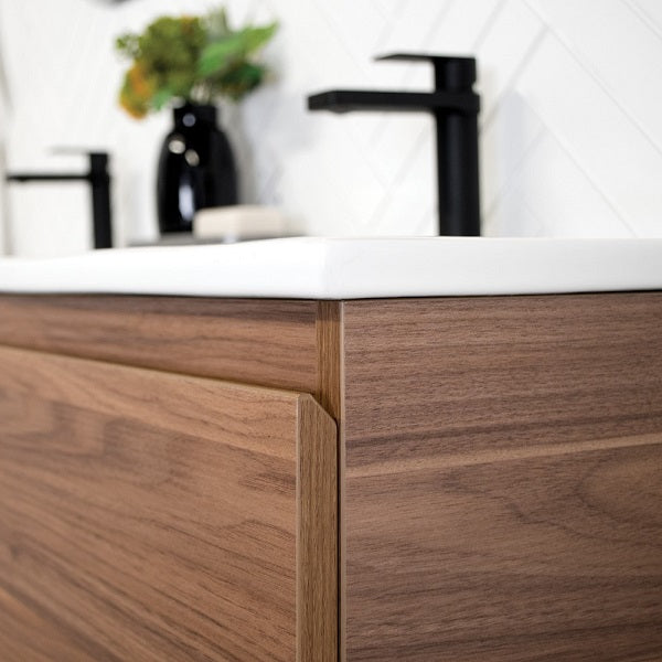 ADP Glacier Full Depth, Door & Drawer Slim 1500 Double Bowl in Ceramic Moulded Top, Notaio Walnut Ravine textured cabinet finish with Bevel-grip finger pull handle - close up | The Blue Space
