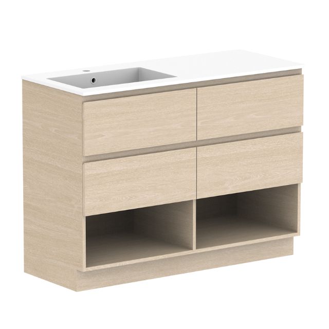 ADP Glacier Lite Shelf Twin Floor Standing Vanity with Cast Marble Top 1200mm Left Bowl GLLFSW1200WKLCM | The Blue Space