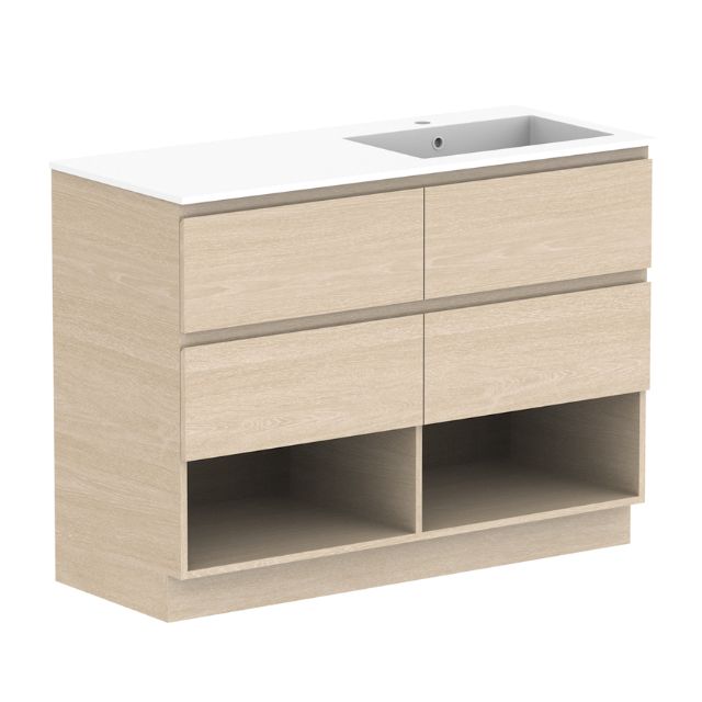 ADP Glacier Lite Shelf Twin Floor Standing Vanity with Cast Marble Top 1200mm Right Bowl GLLFSW1200WKRCM | The Blue Space