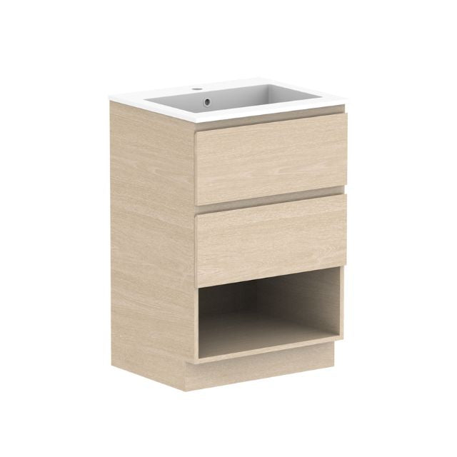 ADP Glacier Lite Shelf Twin Floor Standing Vanity with Cast Marble Top 600mm Centre Bowl GLLFSW0600WKCCM | The Blue Space