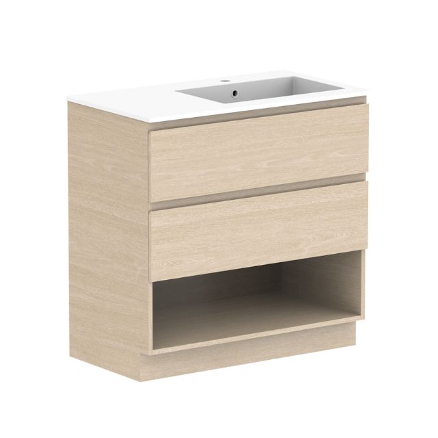 ADP Glacier Lite Shelf Twin Floor Standing Vanity with Cast Marble Top 900mm Right Bowl GLLFSW0900WKRCM | The Blue Space