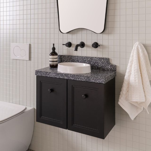 ADP Mabel Mini Wall Hung 600mm Centre Bowl with Matte Black CabinetPepper Mill Durasein benchtop and Gloss White Joy Semi-Inset basin MABMDS0400WHCDU | The Blue Space