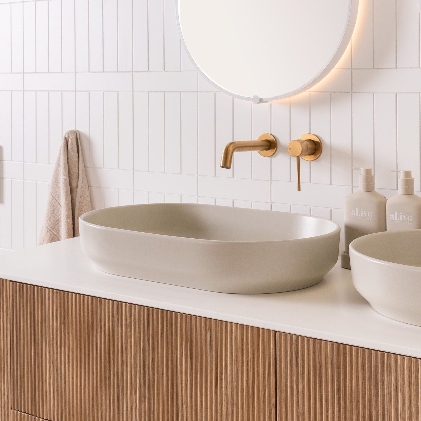 Lifestyle ADP Marilyn 550 x 350 Above Counter Basin Matte Concrete TOPCMAL550MC - The Blue Space